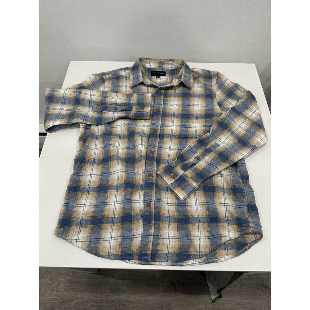 Lucky Brand Men’s Medium Blue Tan Plaid Flannel Button Down Shirt